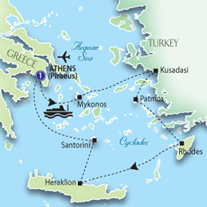 Map of Best of Greece & 4 day Aegean Cruise (Moderate) 2009 tour - click to enlarge